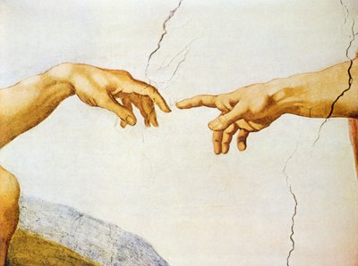 De Schepping van Adam, van het Sixtijnse Plafond, 1510 (detail) door Michelangelo Buonarroti